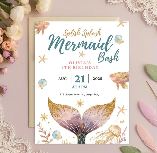 Editable Mermaid Birthday Invitation